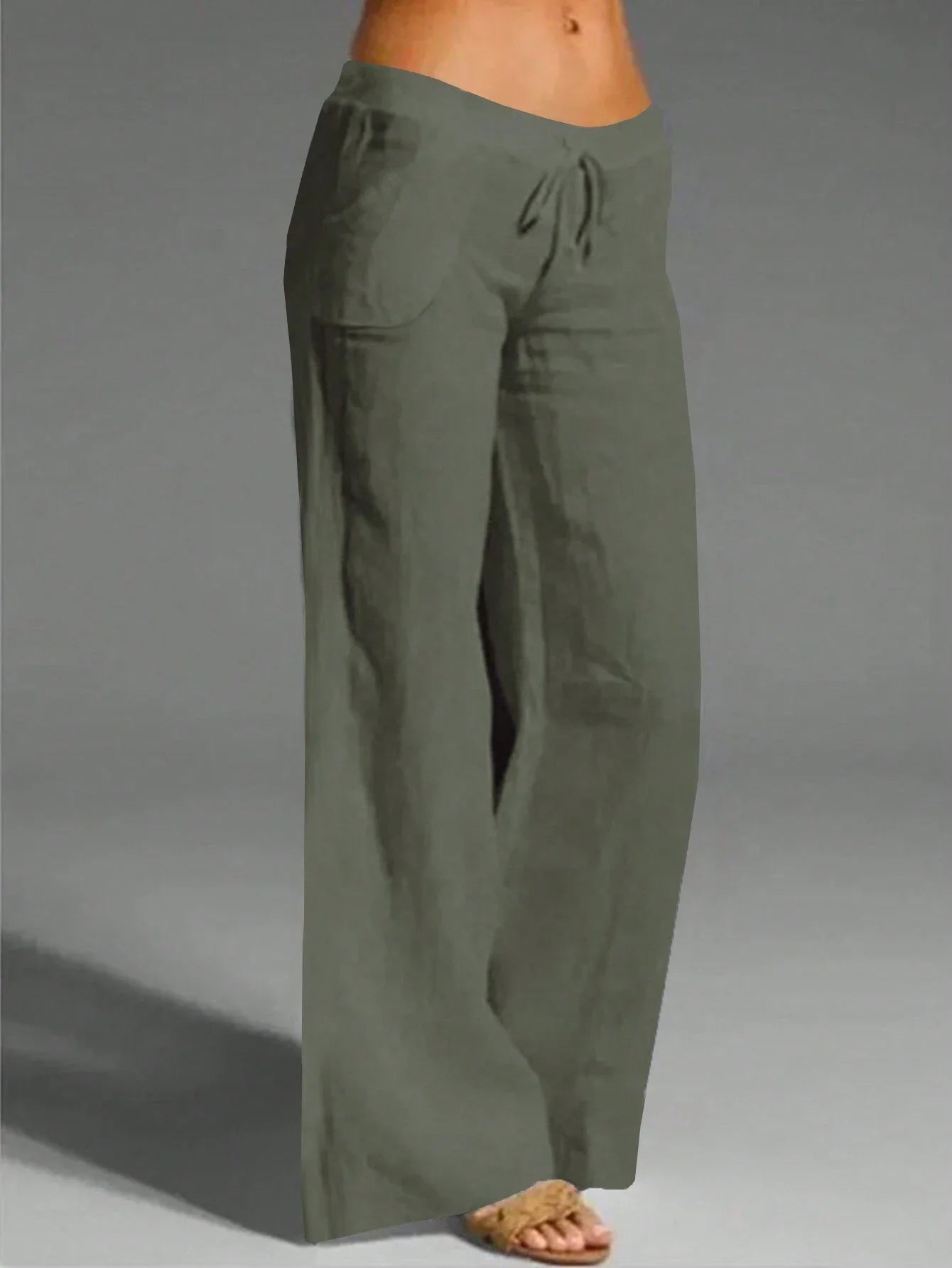 Casual Solid Drawstring Waist Wide Leg Pants For Women