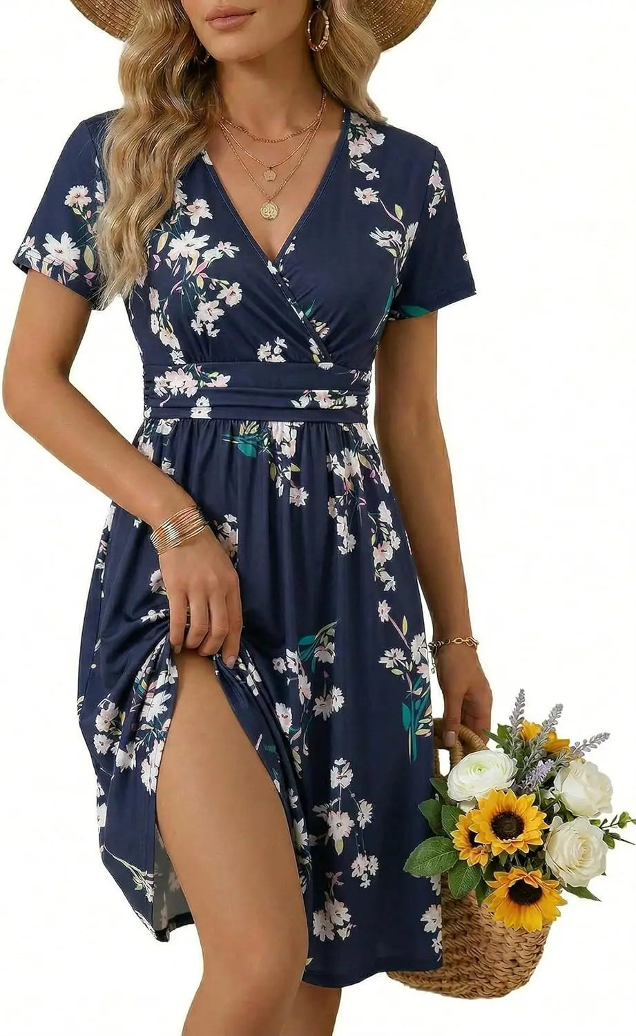 Women's Summer Wrap A-Line Midi Dress with Pocket and V-Neck