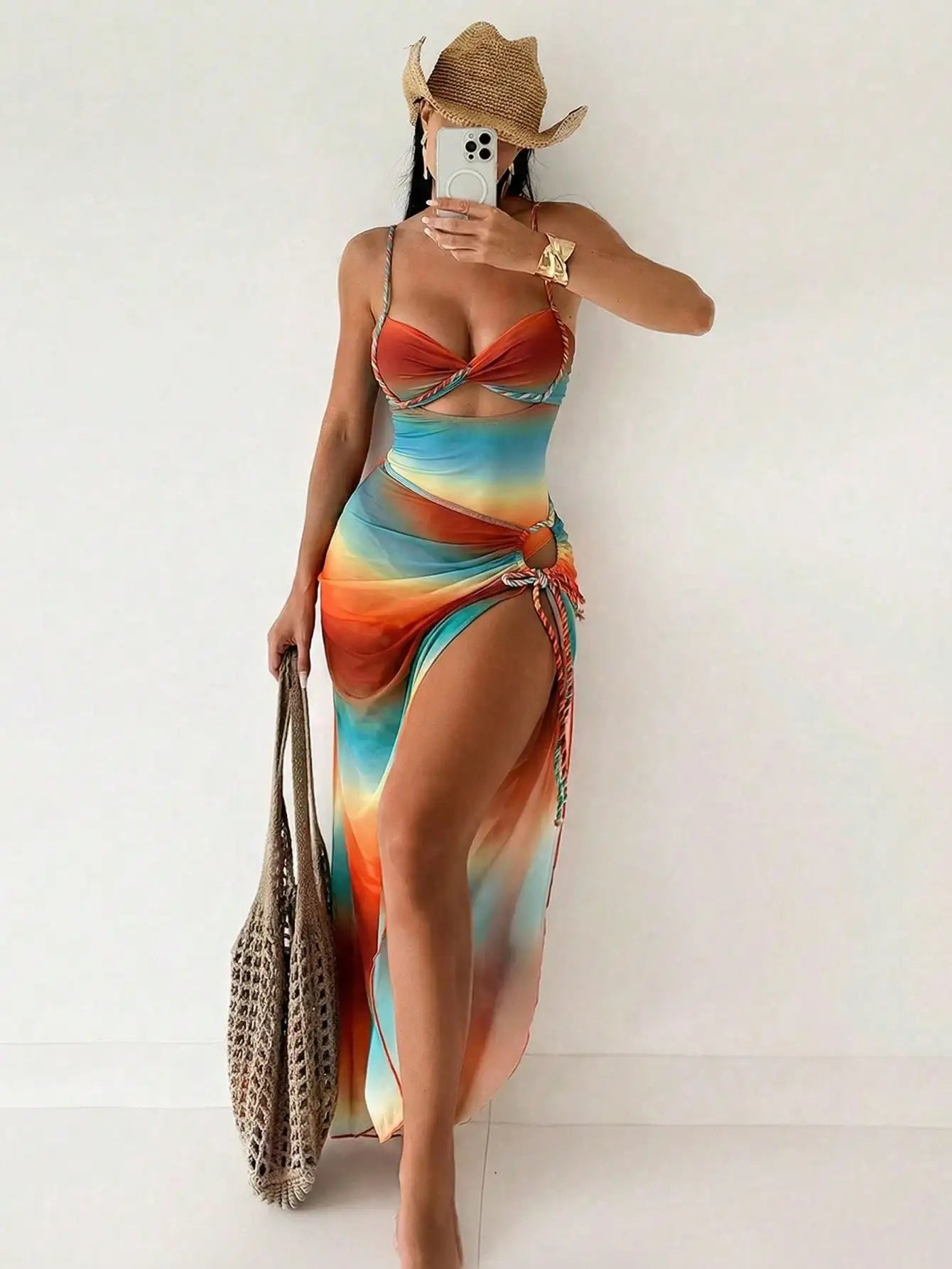 Bonvoyette Summer New Women 2pcs Gradient Strap Tie Side Bikini Set, Halter Top & Beach Skirt