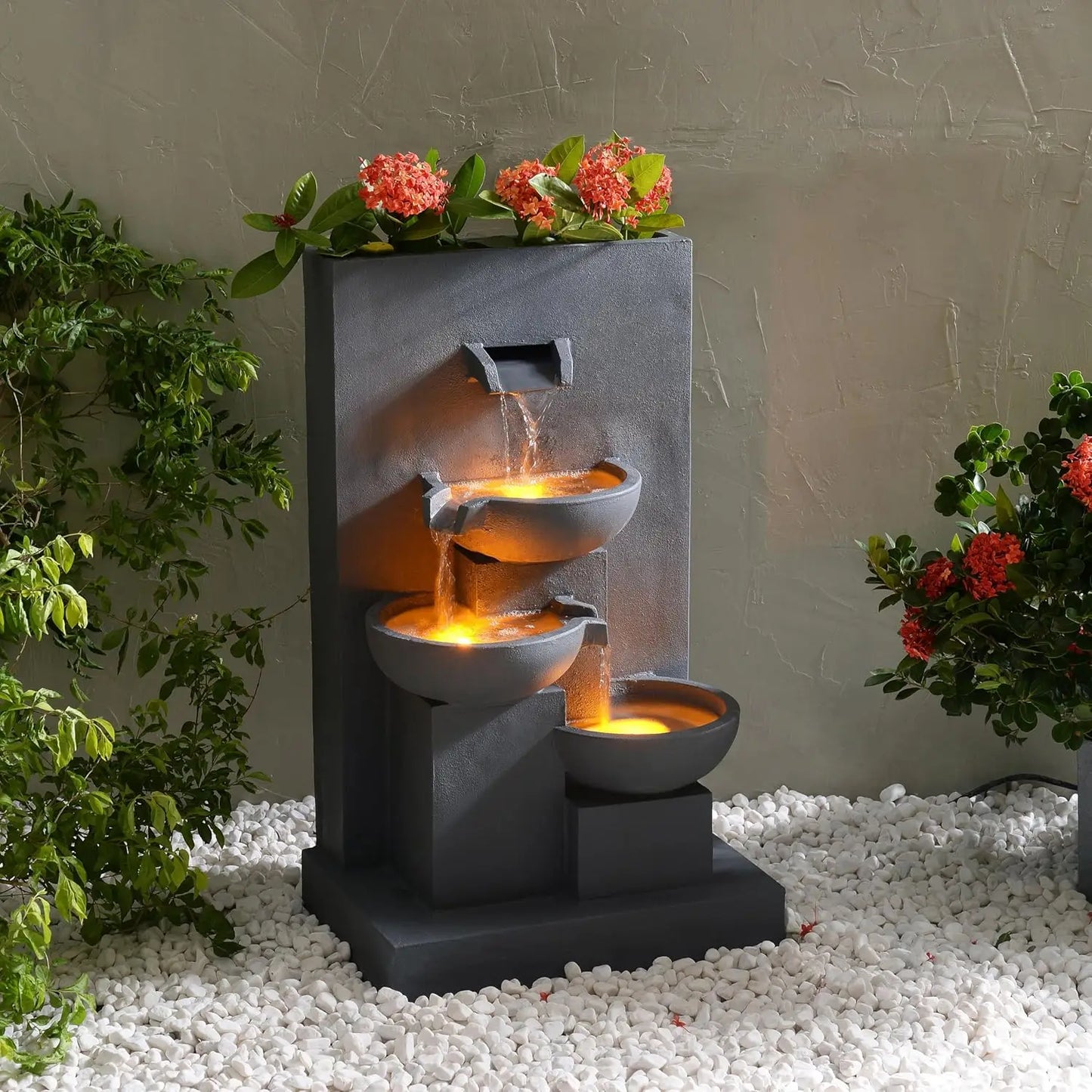 29.13" 3-Tier Cascading Outdoor Water Fountain with Planter, LED Lights for Outdoor Living Spaces, Matte Gray