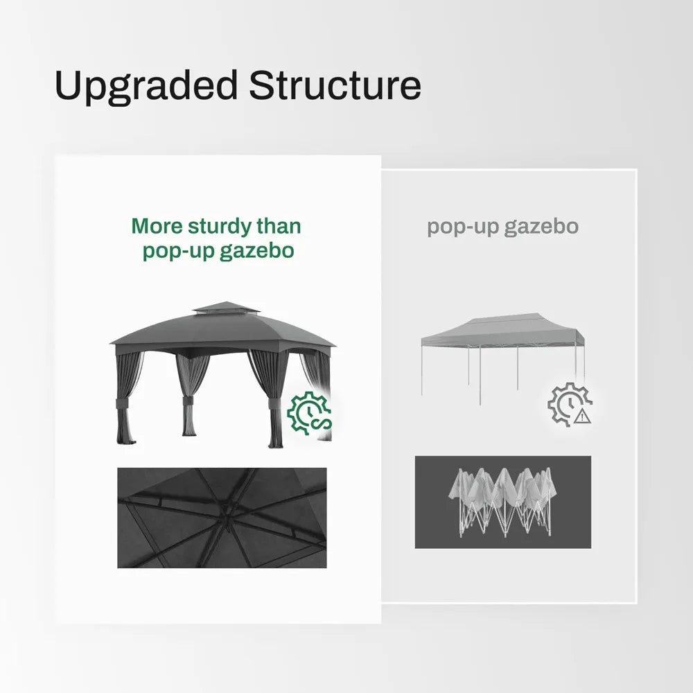 11x13Ft Heavy Duty Steel Frame Gazebo Double Roof with Curtain Netting for Outdoor Patio Garden Yard, Customized