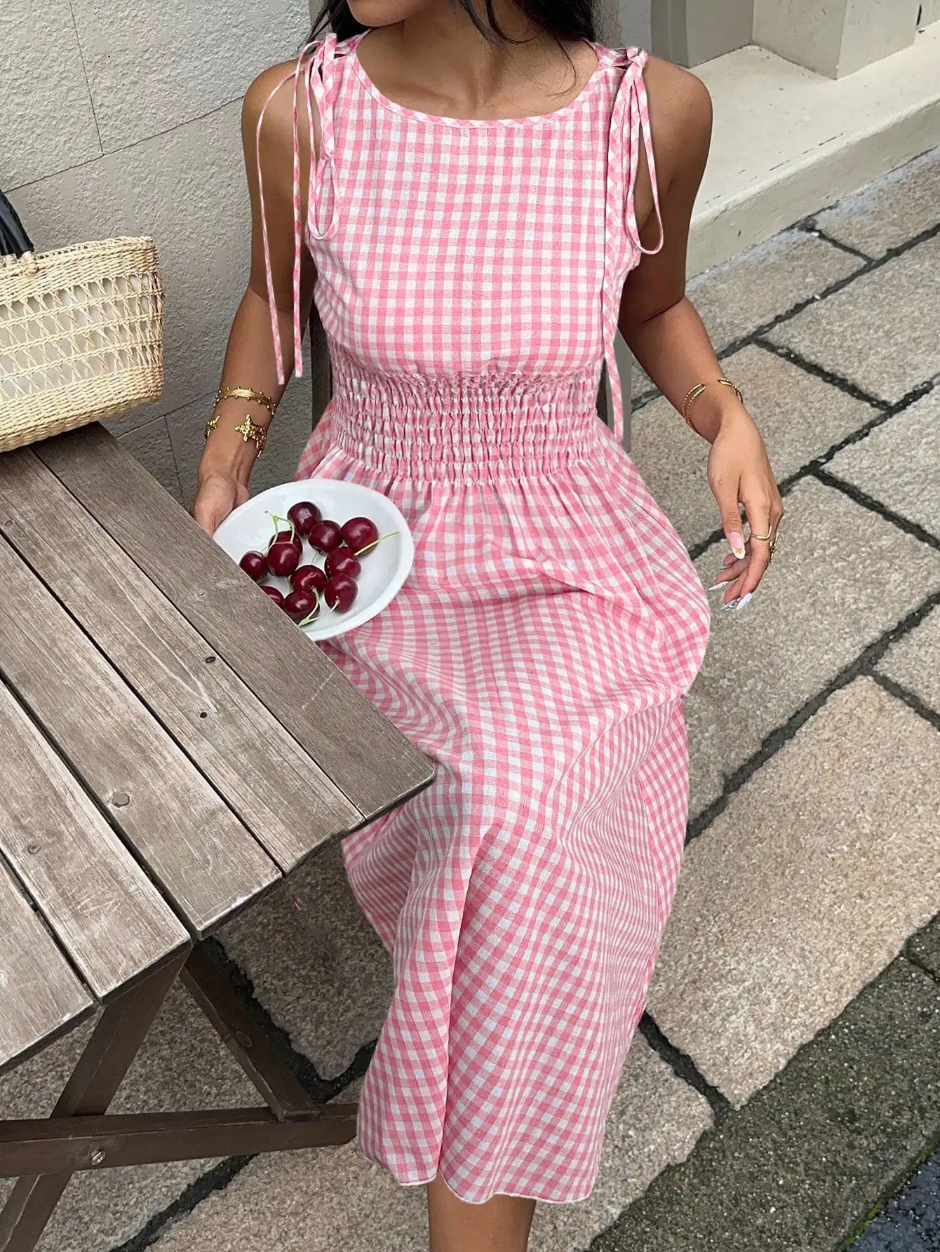 Blue Striped Midi Dress With Smocked Waist, Tie-Shoulder Detail, And Flowy Fit For Casual, Beach, Or Party Occasions