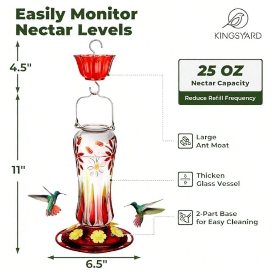Hummingbird Feeder For Outdoors Hanging 25 Ounces Glass Humming Bird Nectar Feeder With Ant Moat And 6 Feeding Ports Leak Proof