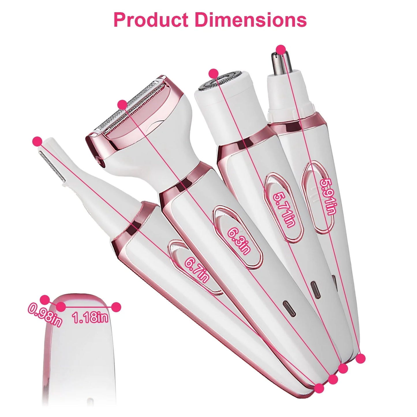 4-in-1 Electric Razor for Women - USB Rechargeable Painless Grooming Kit, Wet & Dry Trimmer for Eyebrow, Nose, Bikini, Legs & Face, Rose Pink, Portable Travel Epilator, Waterproof Hair Removal Tool for Sensitive Skin, All-in-