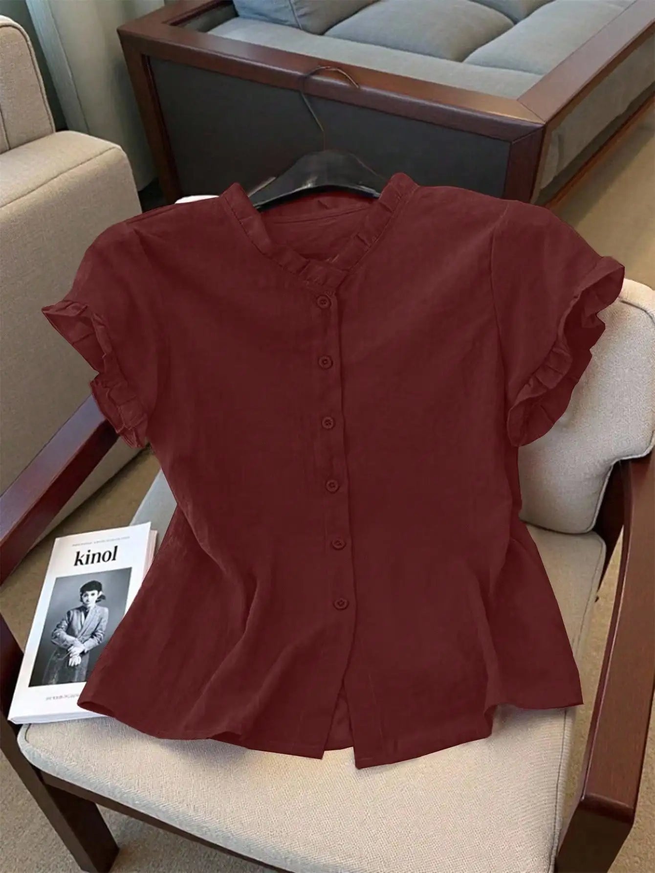 Women's Casual Pink Ruffled Collar Short Sleeve Button Up Blouse