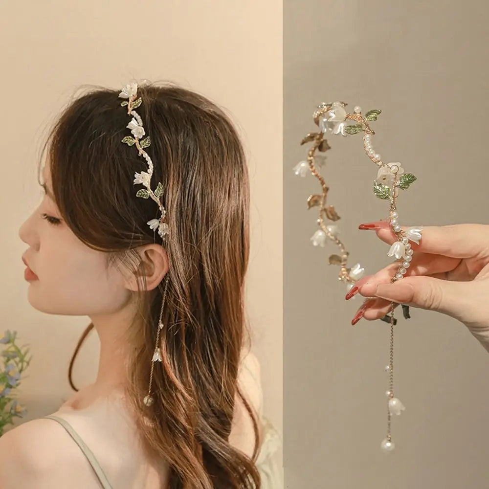 Wave Hair Band Pearl Flower Headband Korean Alloy Tassel Headwear Elegant Hair Accessories Hairband Women's