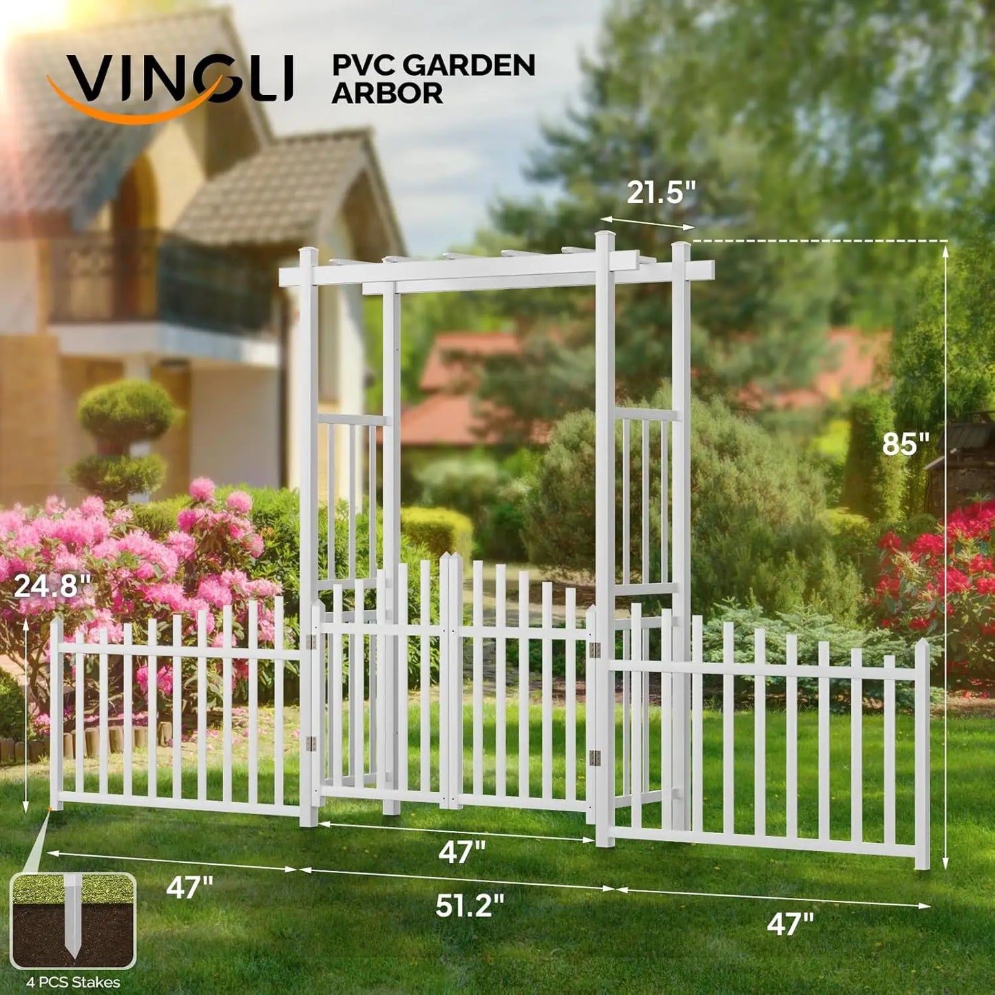 White PVC Garden Arbor with Gate & Fence, Wedding Arch Trellis for Climbing Plants, Outdoor Ceremony Backdrop, 7.5ft H, Custom