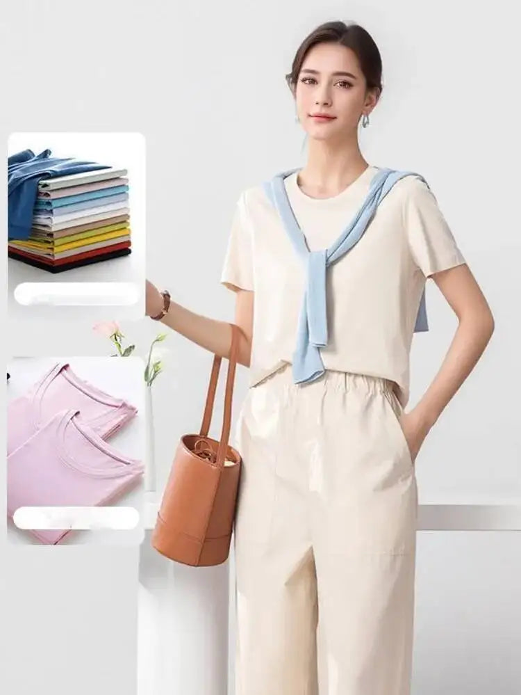 Summer 6% Mulberry Silk Cotton T-shirts Women Loose Round Neck Short Sleeve Luxury Tee Solid Color Basic Tops