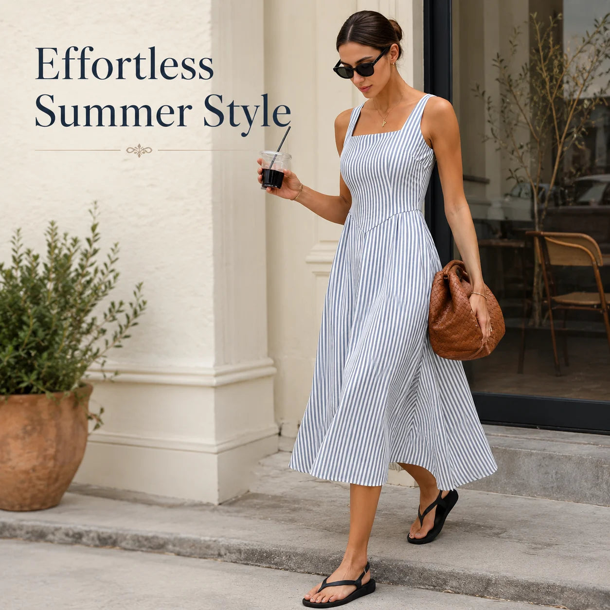 Women Summer Striped Square Neck Cami Midi Dress Sleeveless High Waist A Line Flowy Sundress Casual Vacation Tank Dresses Green Dark Blue Light Blue Pink Grey S-XXL