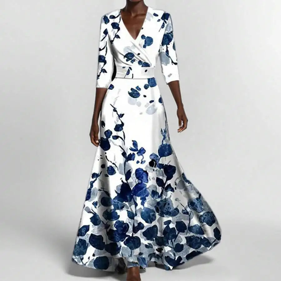 Elegant V-Neck Floral Print Waist-Cinching Floor-Length Dress For Women