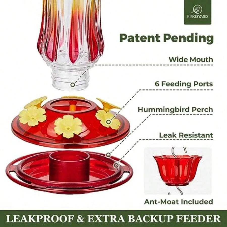Hummingbird Feeder For Outdoors Hanging 25 Ounces Glass Humming Bird Nectar Feeder With Ant Moat And 6 Feeding Ports Leak Proof