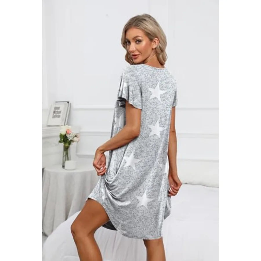 Women's Button Down Nightgown Pleated Front Loose Fit Short Sleeve Sleepwear Pajamas Dress with Hand Pockets