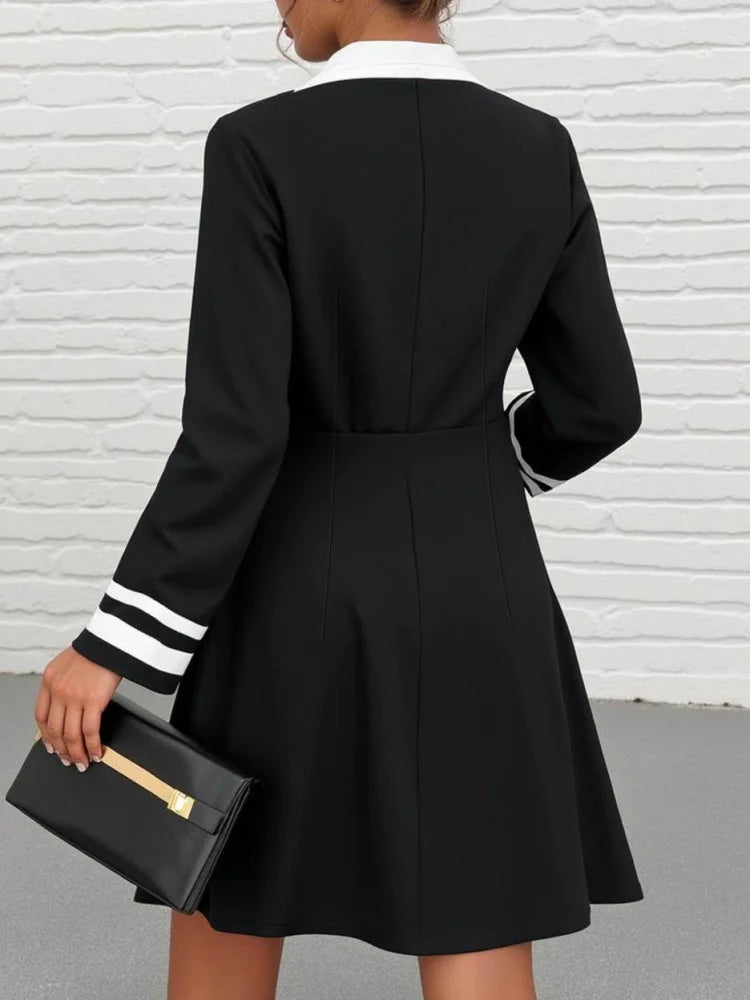 Contrast Collar Mini Dress V Neck Striped Cuff Long Sleeve Flared Swing Outfit For Women Daily School Casual Preppy Stylish Garment