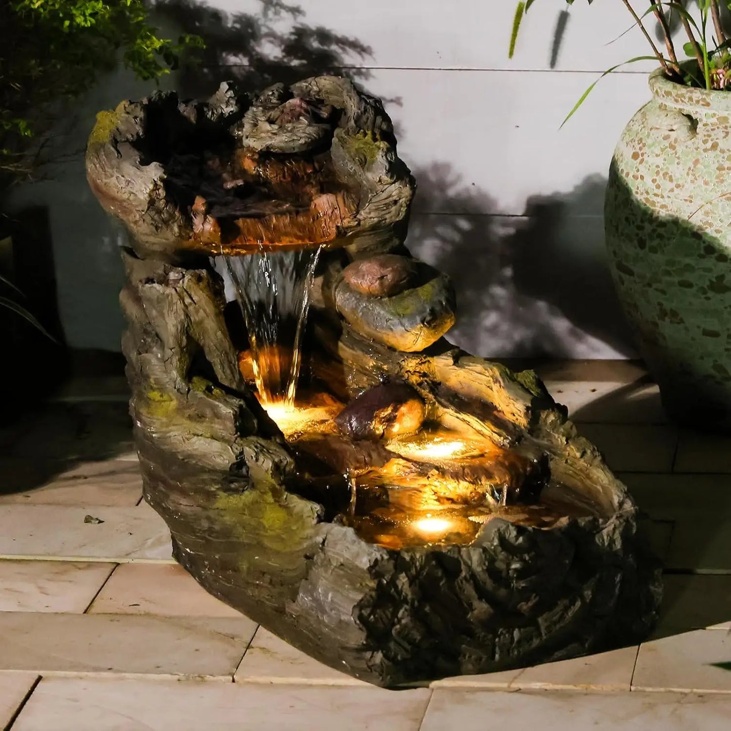 40in 5-Tier Tree Trunk Outdoor Water Fountain LED Garden Patio Backyard Decor, Customized