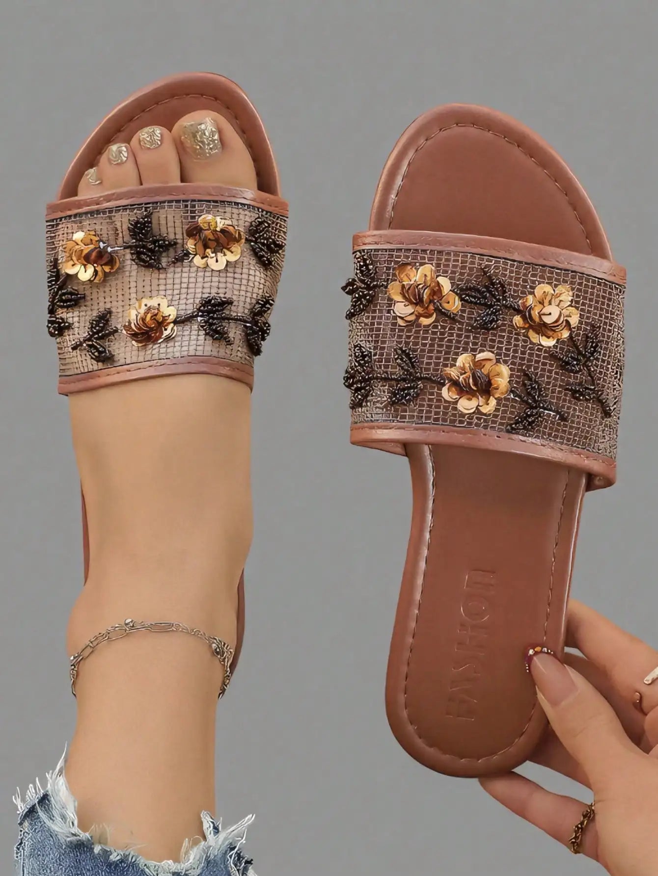 Womens Black Mesh Mules With Beaded Floral Embellishment Slip-On Flat Sandals