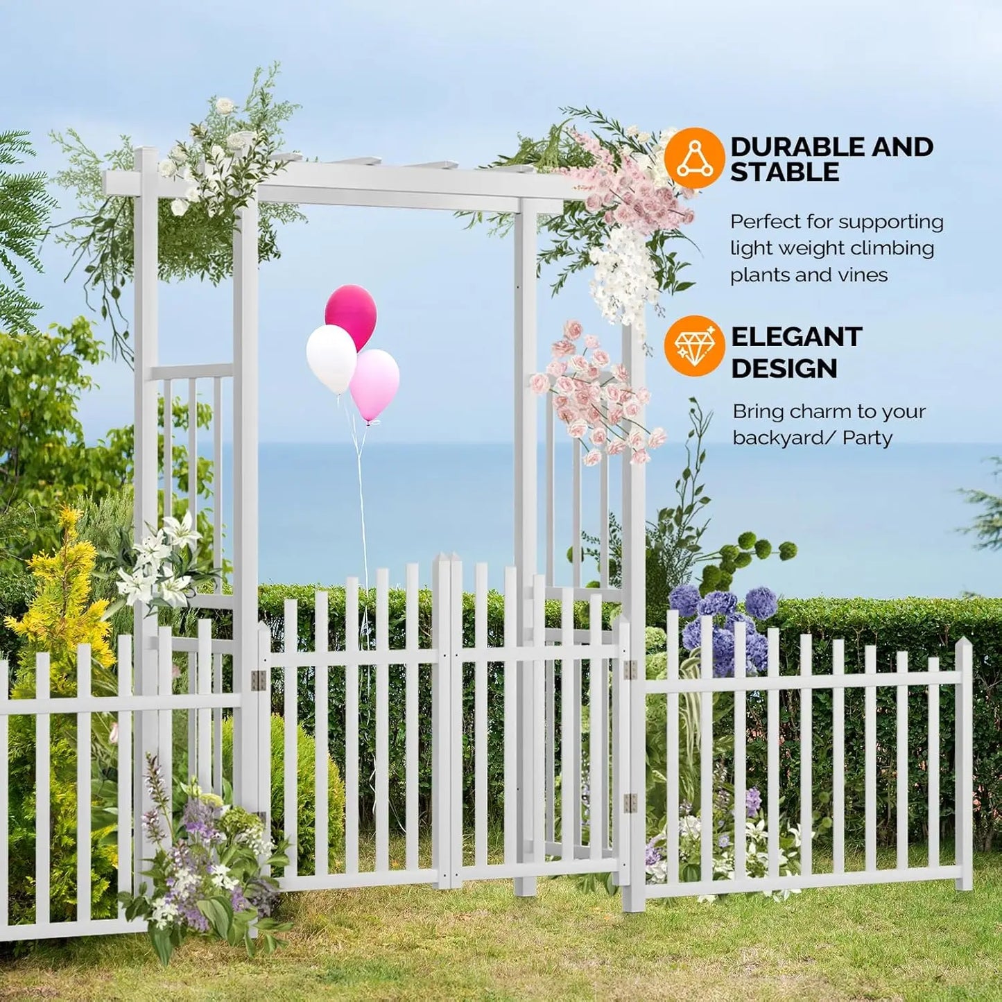 White PVC Garden Arbor with Gate & Fence, Wedding Arch Trellis for Climbing Plants, Outdoor Ceremony Backdrop, 7.5ft H, Custom