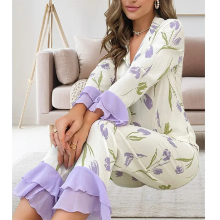 Vacation outfits women lapel cardigan pajamas women's suit high sense European and American style splicing lace sweet color home printing two piece set summer deals