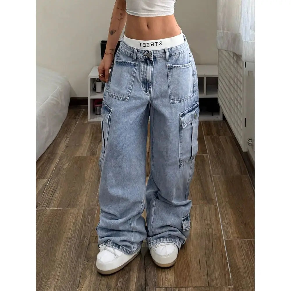 Womens Pocket Button Casual Loose Fit Everyday Wear Wide Leg Jeans Baggy Jeans Y2k Women Baggy Jeans Oversized Jeans Wide Leg Pa