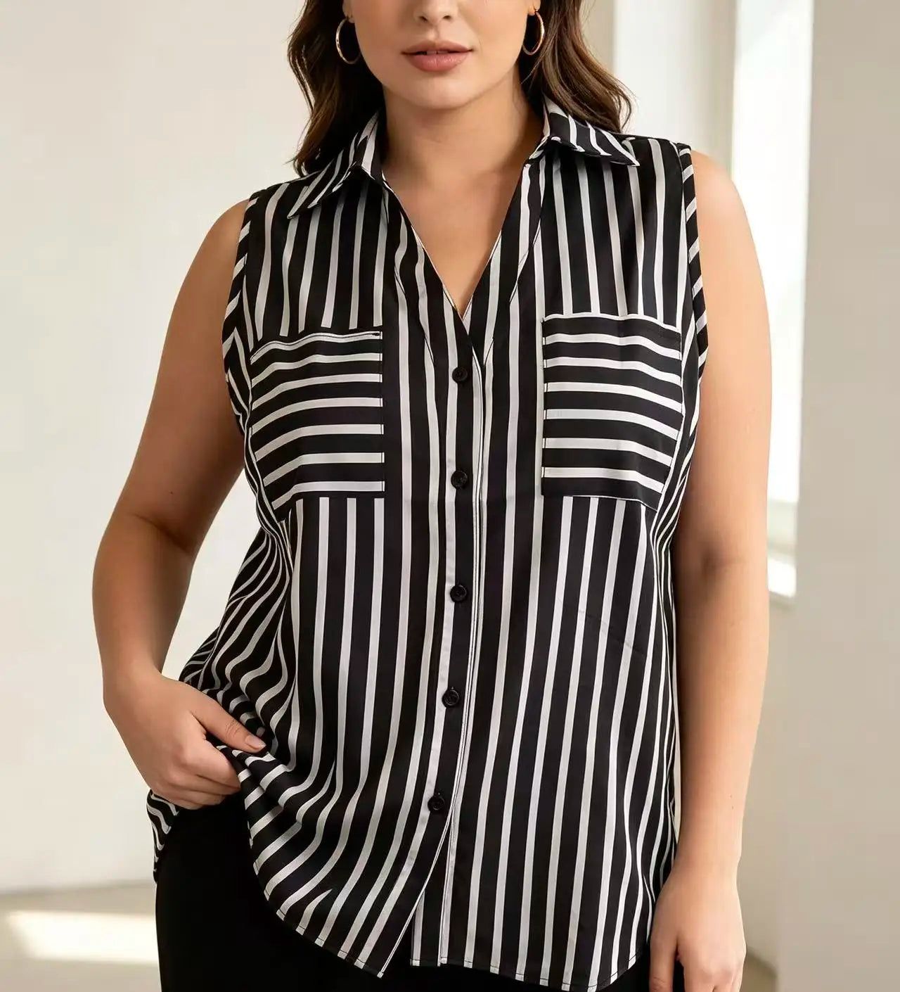 European and American plus size women's black and white vertical striped sleeveless shirt with lapel and double pockets, single-breasted loose curved hem commuting vest shirt