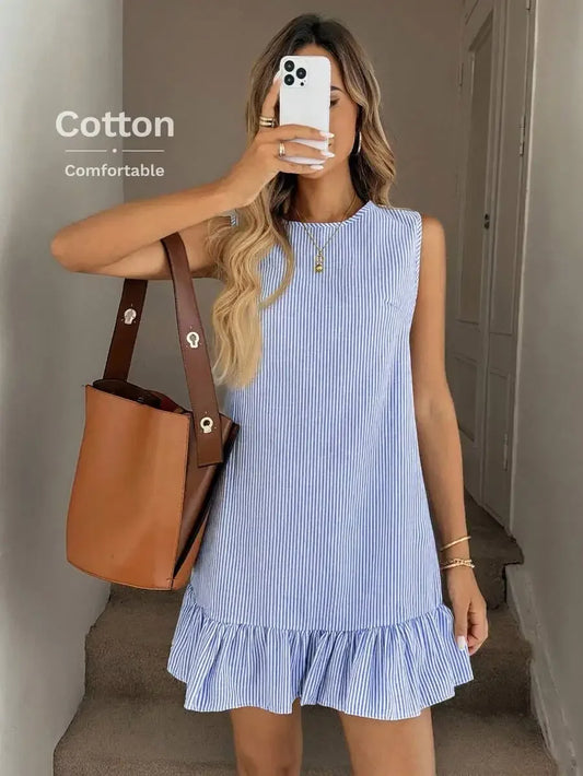 Pink And White Stripe Ruffle Hem Sleeveless Round Neck Mini Dress For Women