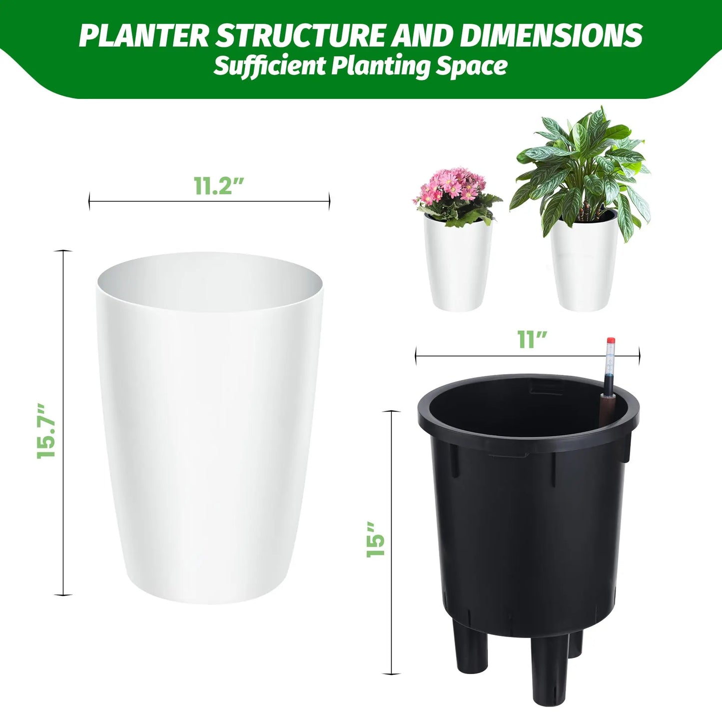 16 Inch Tall Self Watering Planters Set Of 2 With Water Level Indicator, Drainage Reservoir Indoor Outdoor Flower Pots For Patio Porch
