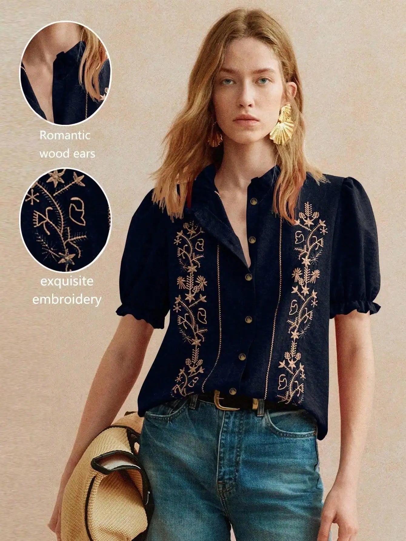Elegant Embroidered Short Sleeve Blouse With Ruffled Collar And Puff Sleeves