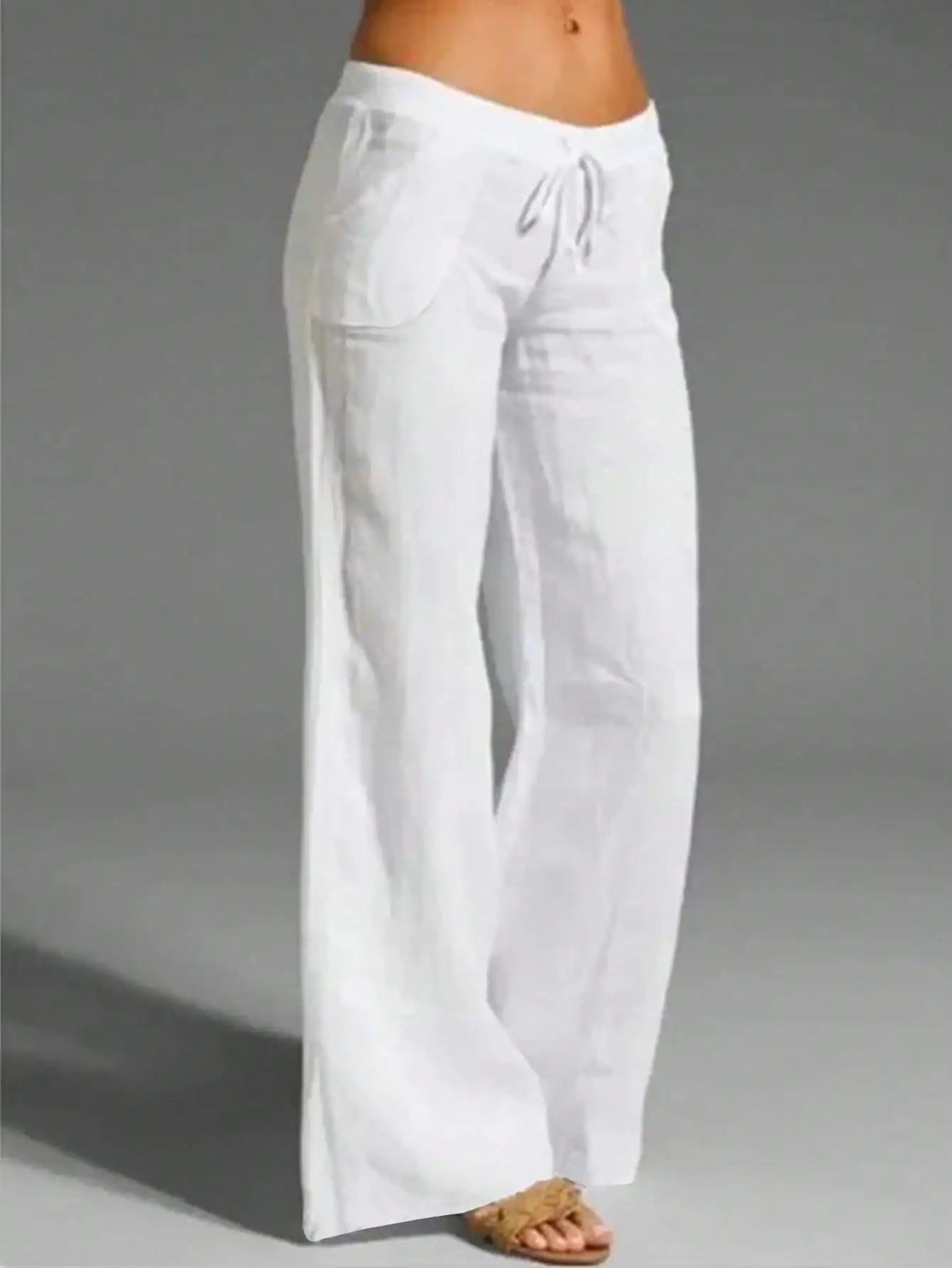 Casual Solid Drawstring Waist Wide Leg Pants For Women
