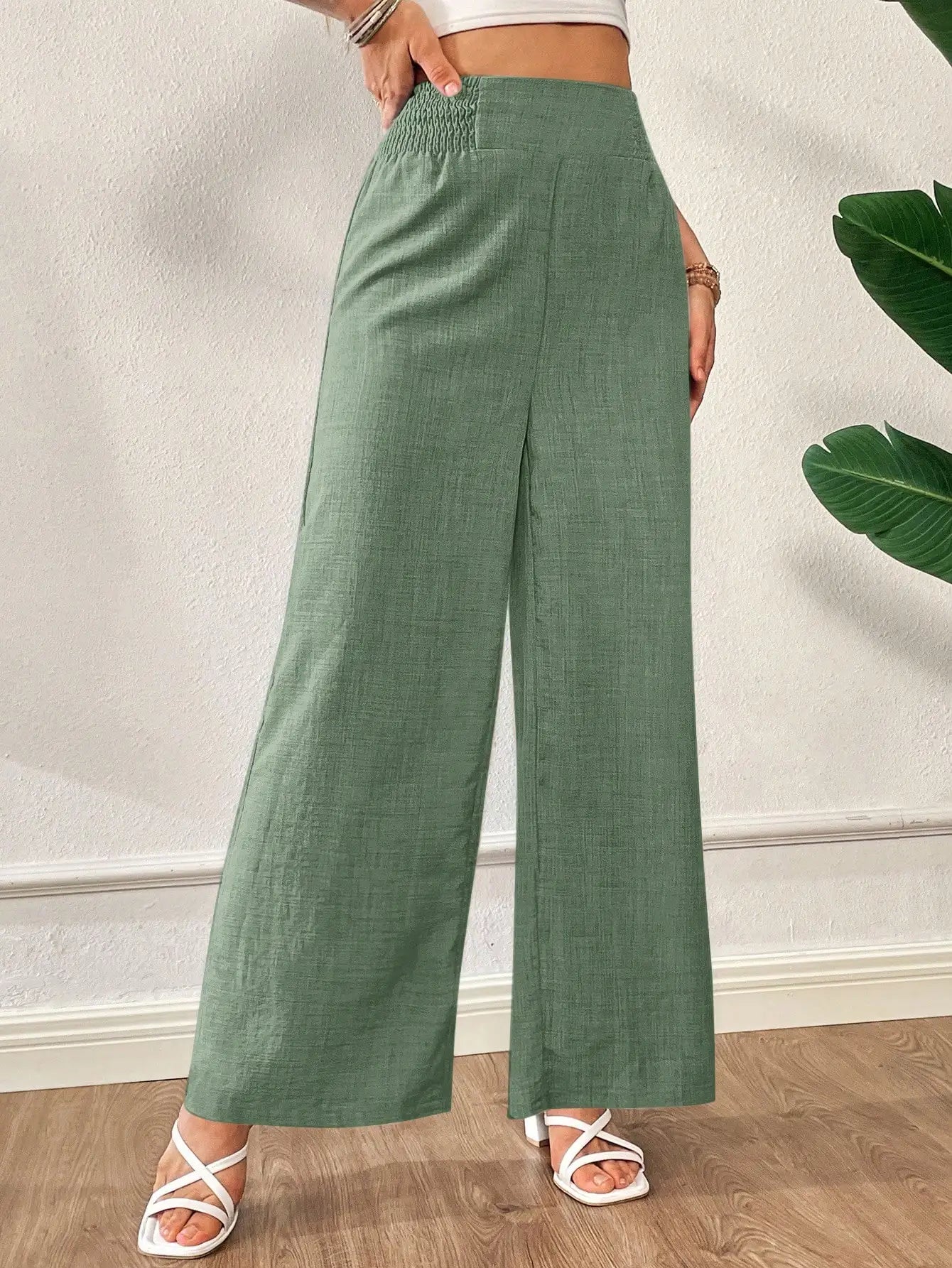 Wide Leg Loose Casual Pants Women High Waist Elastic Waist Summer