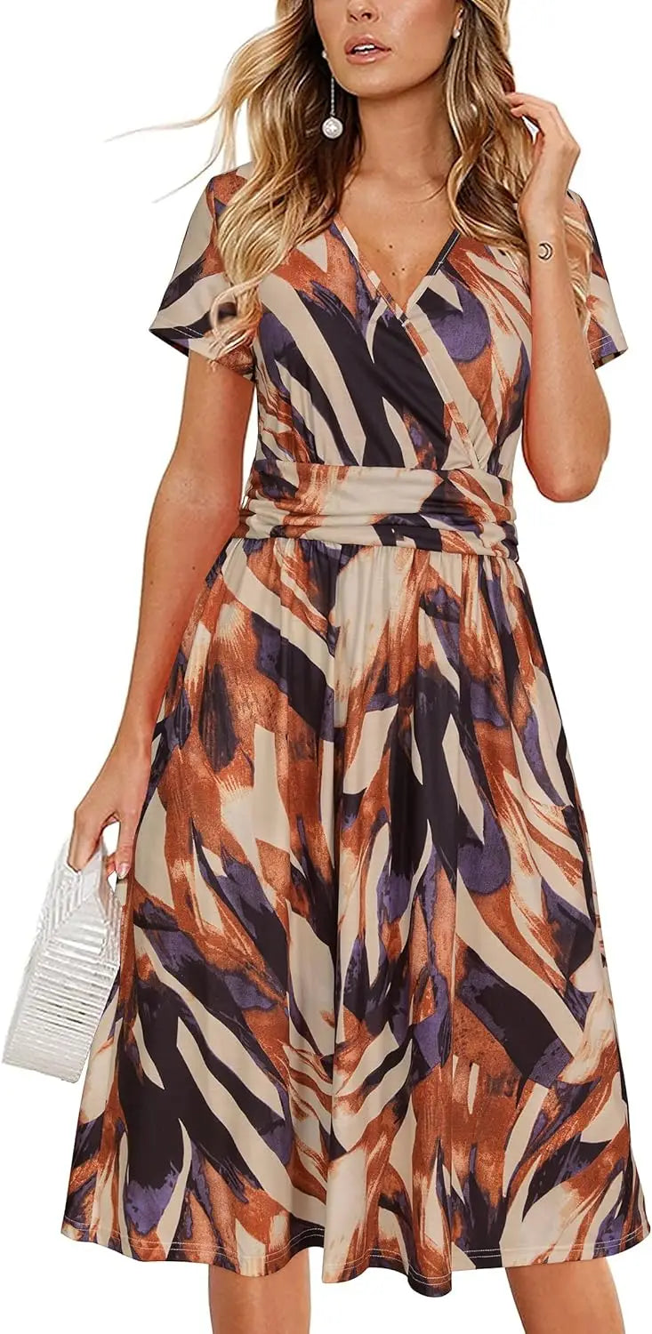 Women's Summer Wrap A-Line Midi Dress with Pocket and V-Neck