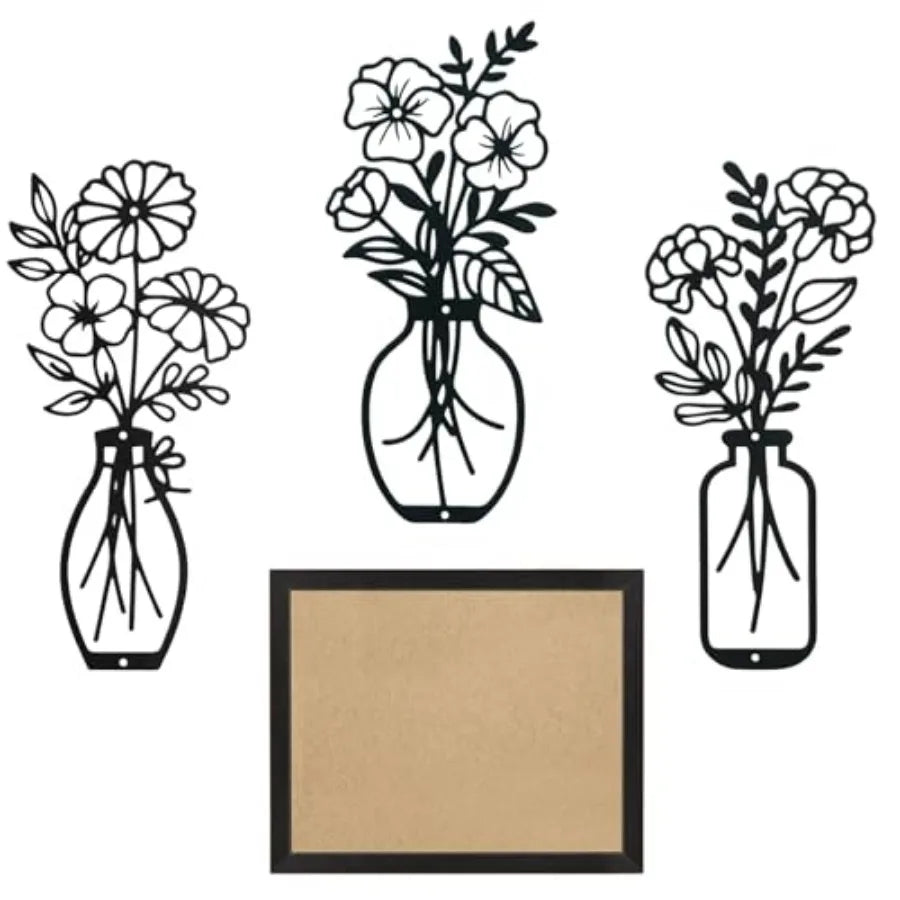 Metal-Wall-Decor Living Room - 3 Pcs Metal Bathroom Wall Art Floral Vase and Picture Frame for Decoration- Hanging Display Wall