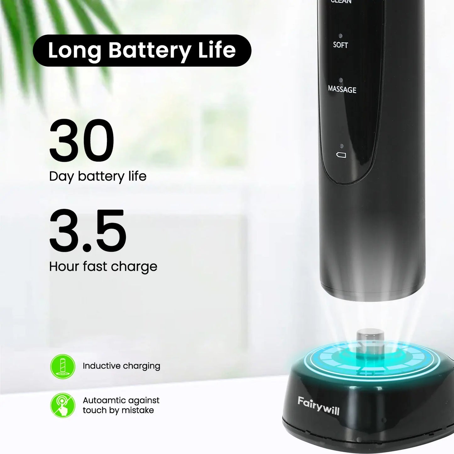 Fairywill Electric Toothbrush T2233Powerful Rotation Cleaning 4 Replacement Heads Rechargeable Sonic Toothbrush for Adults