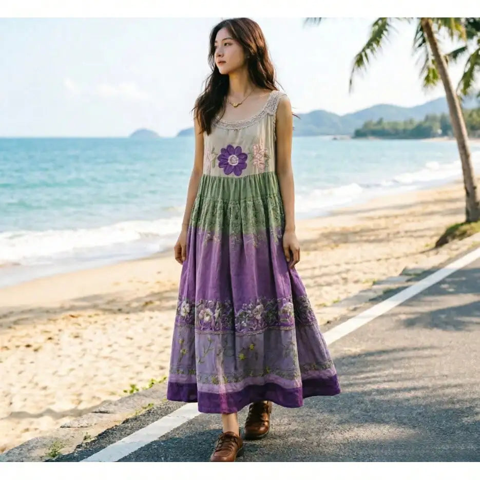 Plus Size Boho Floral Print Sleeveless Maxi Dress - Breathable Flowy A-Line Sundress For Summer Beach Vacation & Casual Wear, Comfortable All-Day Fit