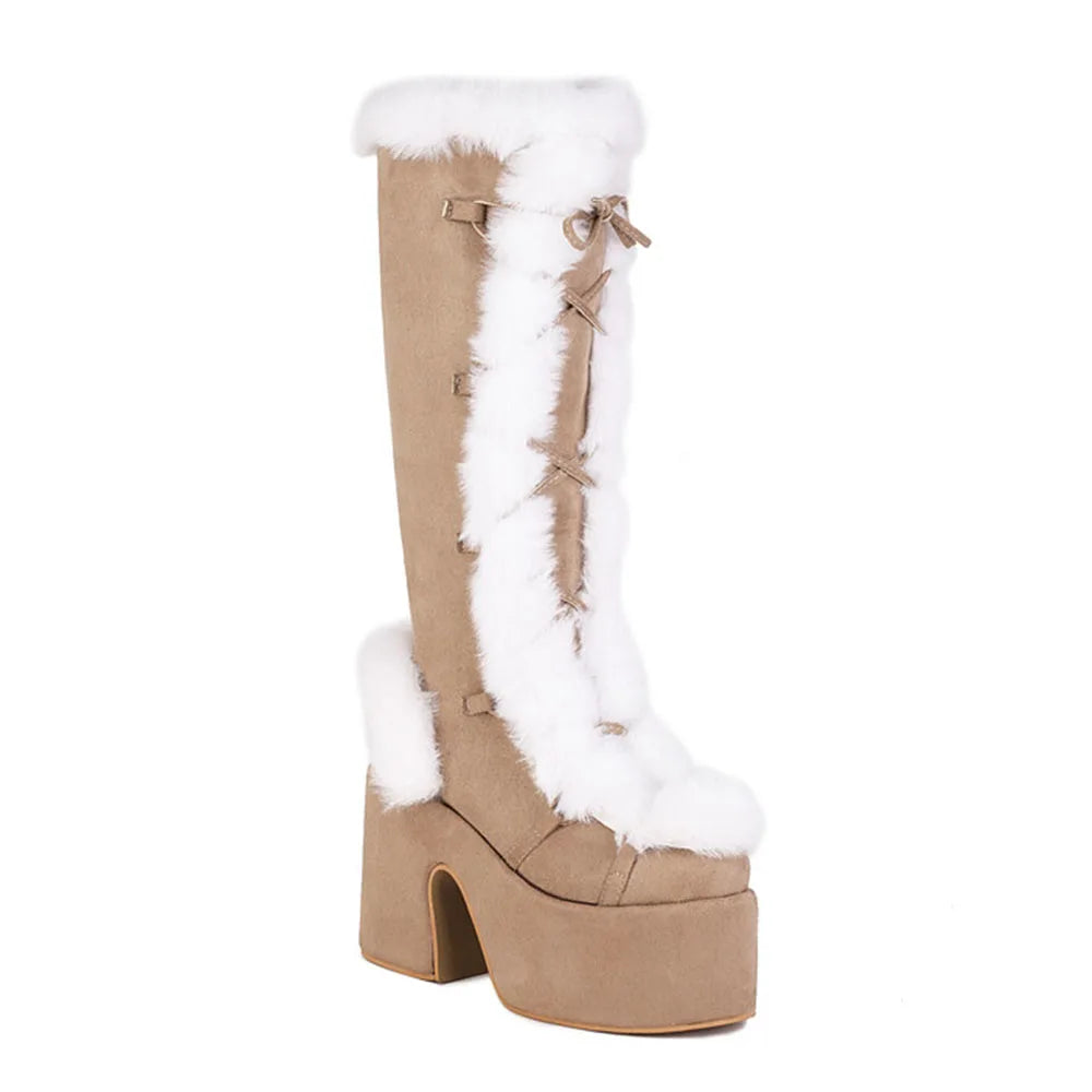 GIGIFOX Fur Super Chunky High Heel Platform Mid-Calf Boots For Women Faux Suede Round Toe Side Zipper Lace-Up Warm Casaul Boots