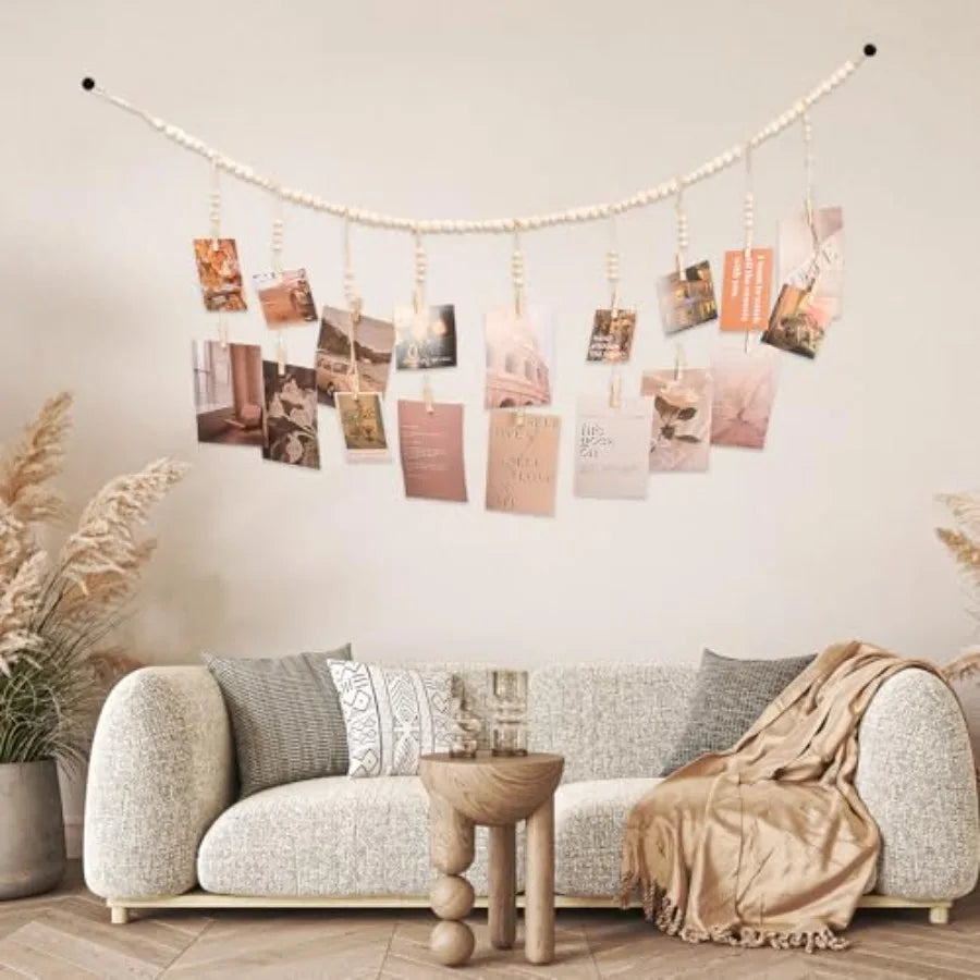 Hanging Photo Display with 18 Wood Clips, Boho Wooden Bead Wall Décor for Bedroom, Living Room, Dorm, Art Picture Display