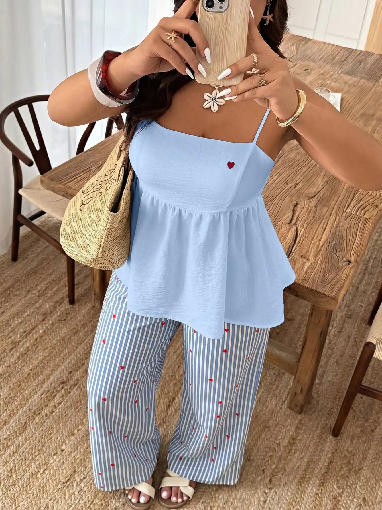 Plus Size Women Summer Solid Ruffle Hem Camisole And Wide Leg Pants Set