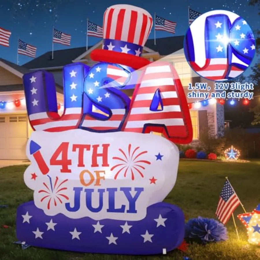 6.2FT 4th of July Inflatable Patriotic Decoration, USA Letter Hat Blow Up Yard Decor with Built-in LED Lights for Independence
