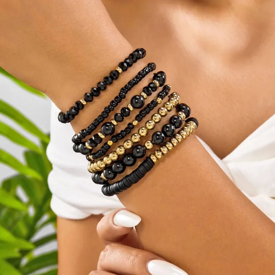 Bohemia Hand Jewelry Summer Beach Wristband Women 7Pcs Brown Gold Beaded Bracelets Set with Tiger Eye Stone and Crystal Charms