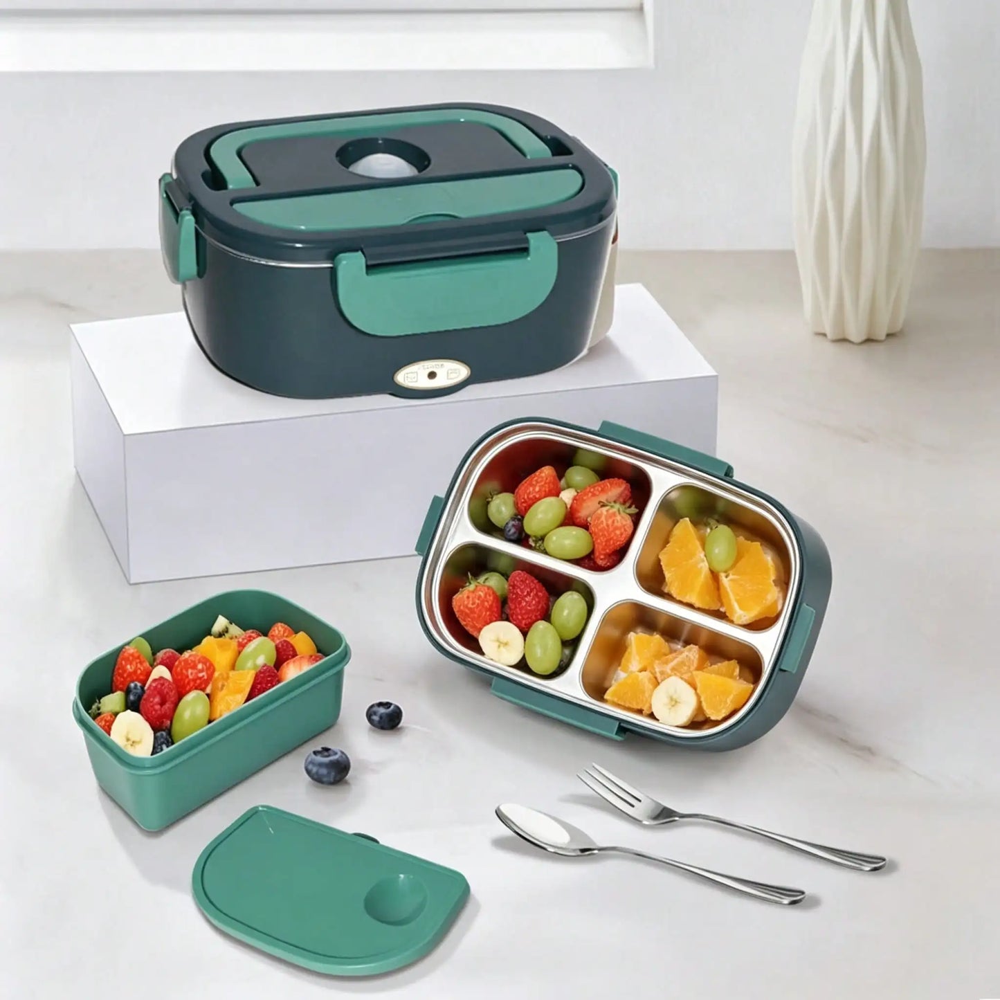 Electric Heating Lunch Box; 1.5L 304 Stainless Steel Dual Compartment Food Warmer, 12V Car Use, Portable Heated Bento Box With Fork, Spoon & Insulated Bag, Viral Must-Have For Office, Travel & Road Trips, Perfect Gift For Com