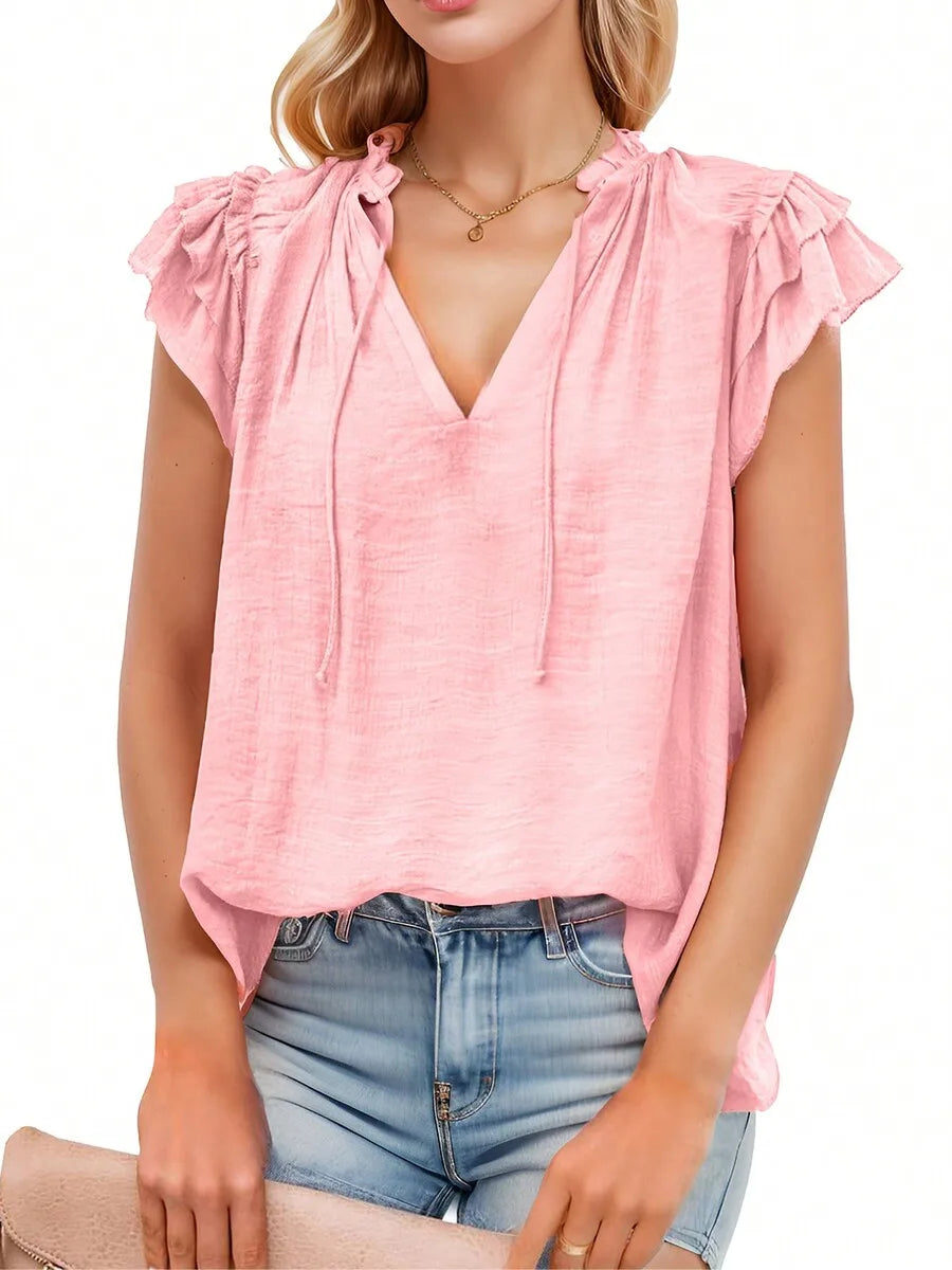 Womens V-Neck Ruffled Sleeve Short Sleeve Casual Blouse