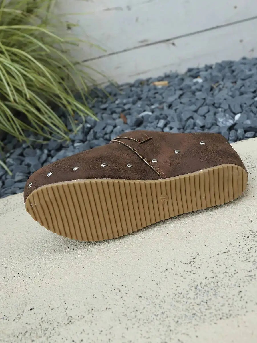 Retro Distressed Matte Leather Studded Mules Slip-On Shoes With Buckle Strap