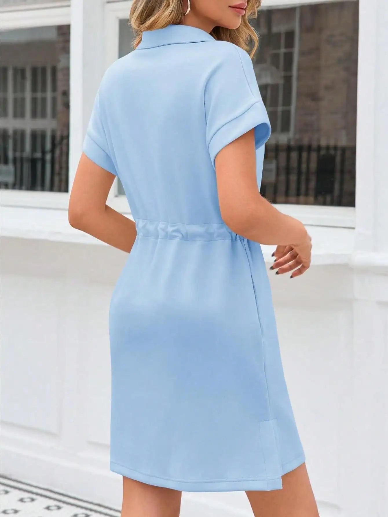 Fisoew Y2K Quarter Zip Sweatshirt Dress Women Short Sleeve V Neck Drawstring Waist Mini Dress Summer Streetwear Tennis Outfit