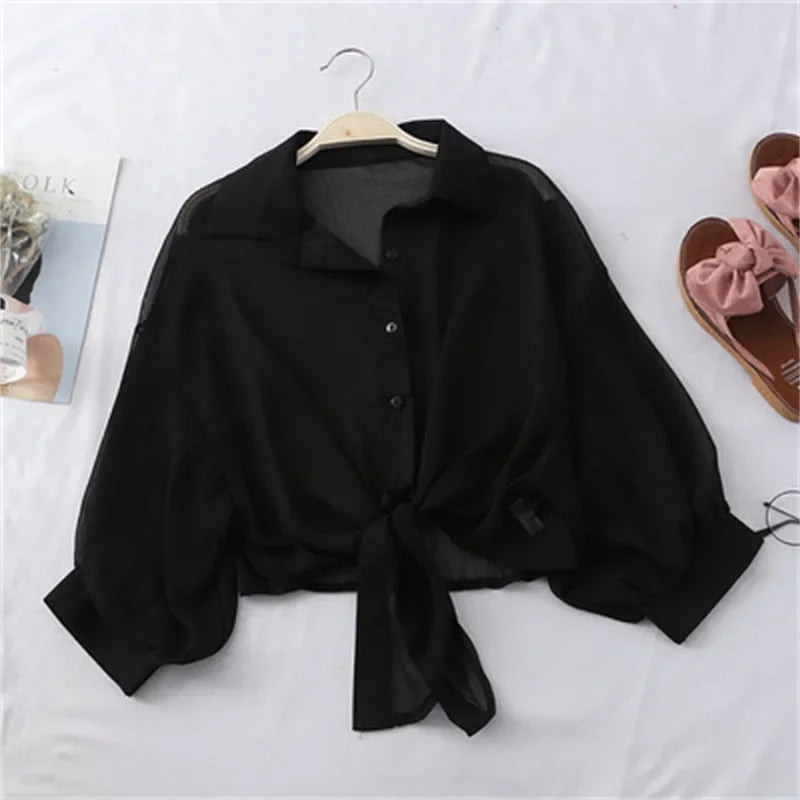 Chiffon Shirts Women 2022 Summer Half Sleeve Buttoned Up Shirt Loose Casual Blouse Tie Waist Elegant Blouses for Women