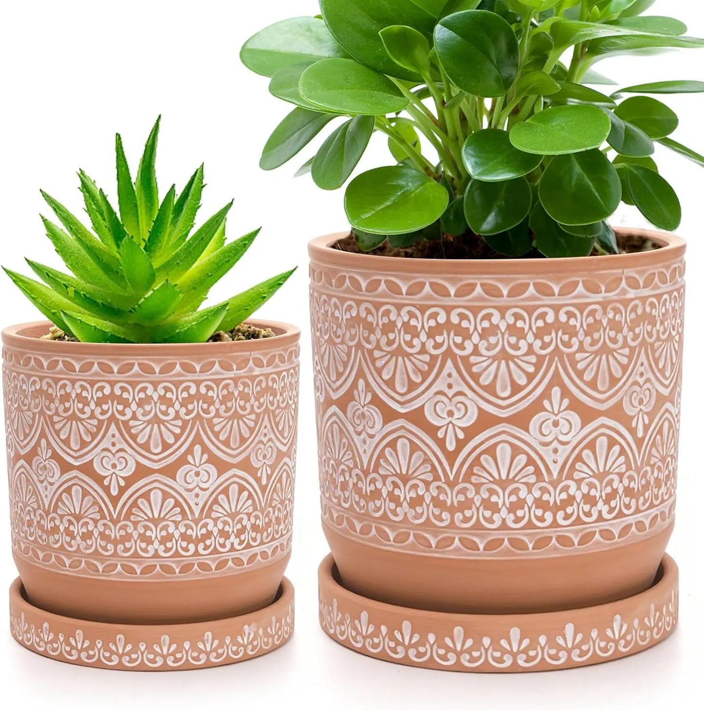 Set of 2 Terracotta Plant Pots 4 Inch 6 Inch, Small Medium Clay Planter Pot, Ceramic Cactus Flower Succulent Pot with Drainag