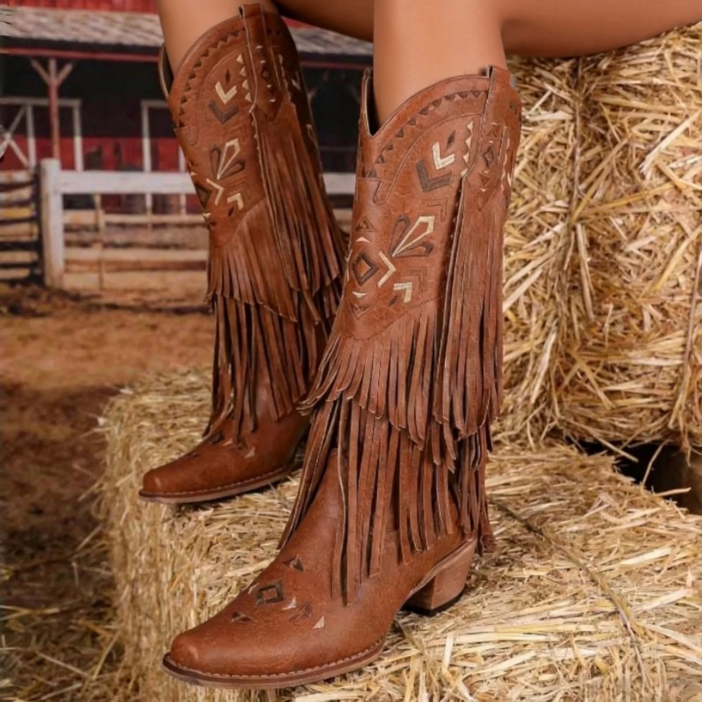 Women's Cowboy Boots Burgundy Pointed Toe Chunky Heel Cowboy Boots Wide Calf Knee High Boots Festival Shoes Country Concert Combat Boots For Women
