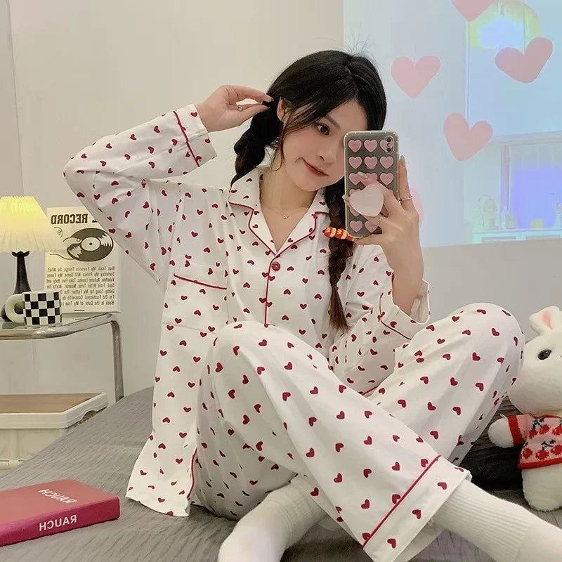 Korean Style Long-Sleeved Pajamas Set for Women Spring Autumn Homewear Comfortable Ladies Sleepwear Student Senior Casual Outfit
