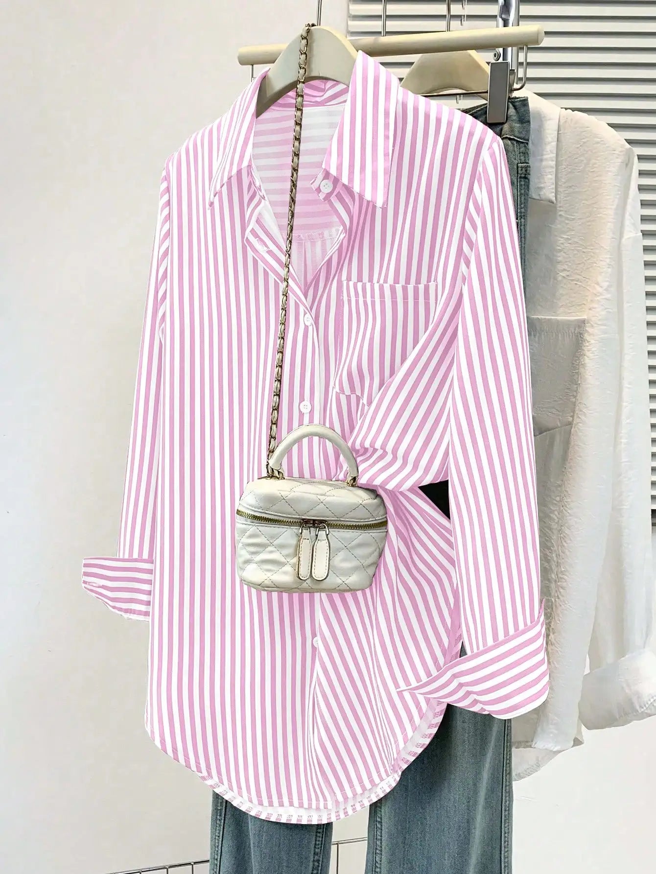 Womens Casual Striped Pointed Collar Long Sleeve Button-Up Shirt