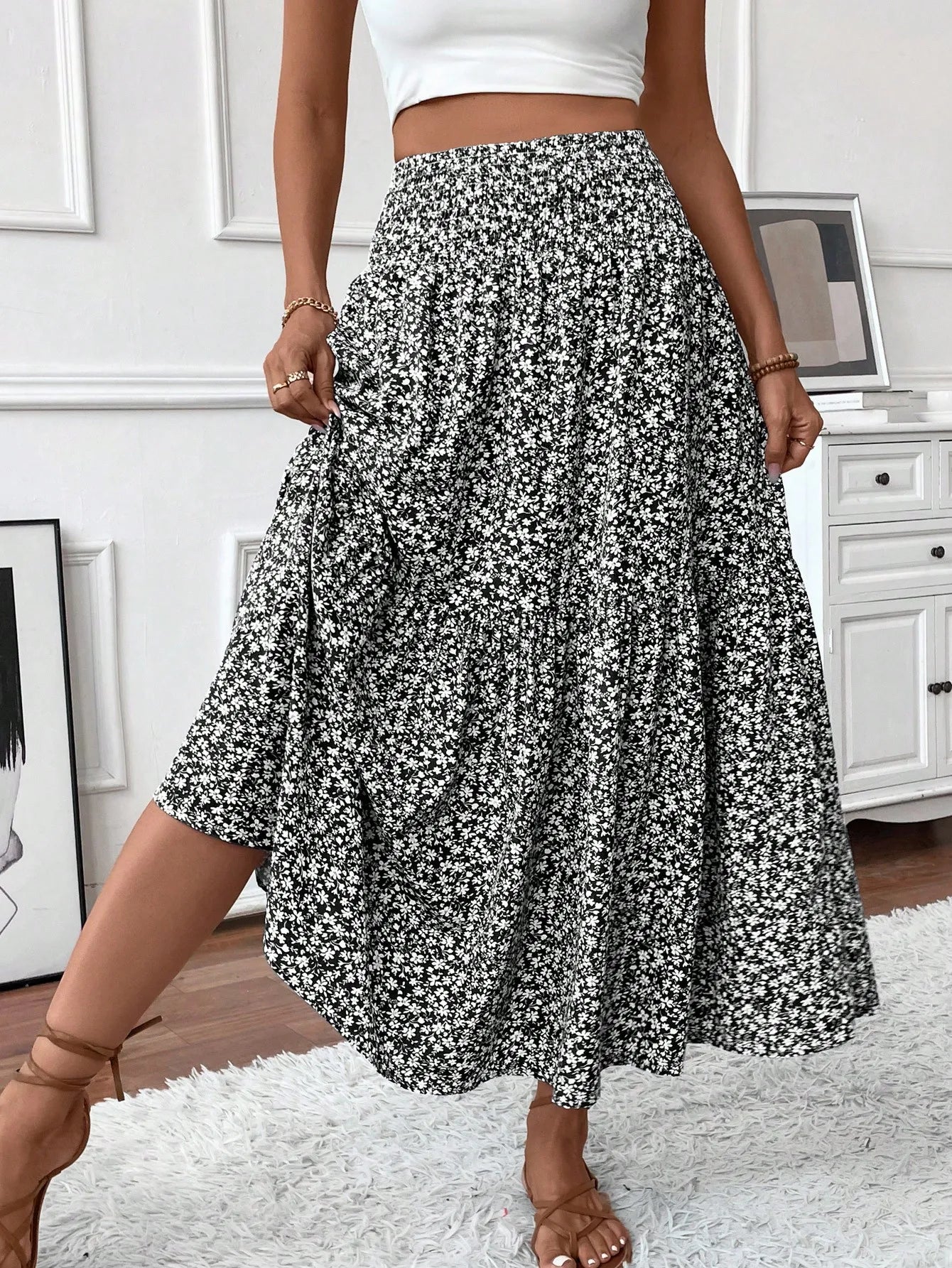 Womens Ditsy Floral A-Line Skirt With Pockets Elastic Waist Ruffle Hem