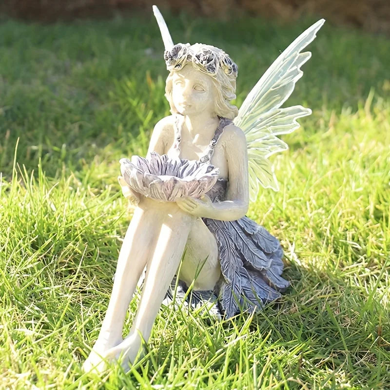 Outdoor Garden Solar Statue Light, Outdoor Solar Fairy Garden Statues, Garden resin flower fairy holding flower statue decorativ