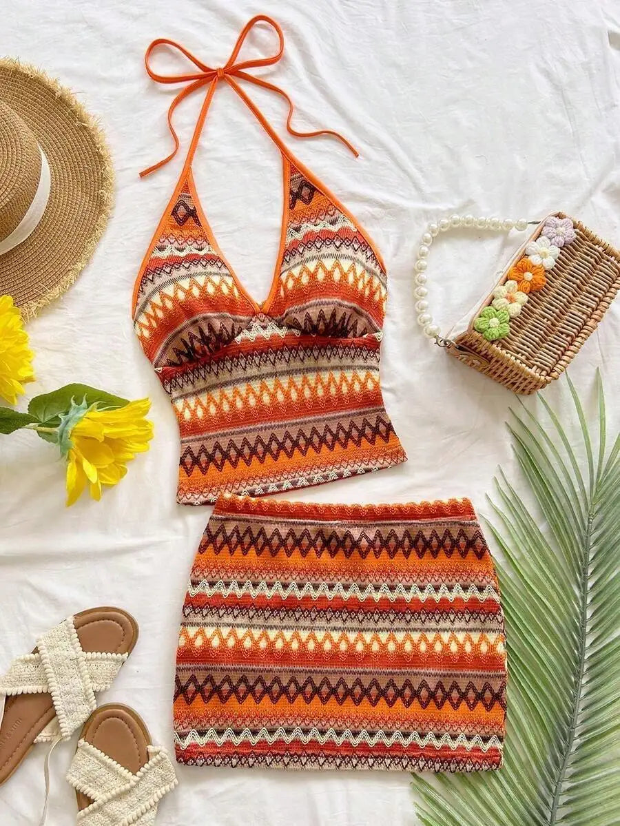 Womens 2-Piece Vacation Set: Halter Neck Floral Top & Matching Skirt, Beach Summer Outfit