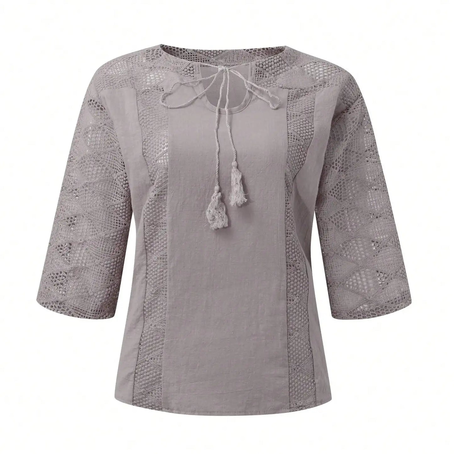Women's Summer Cotton Shirt, Solid Color Casual Hollow U-Neck 3/4 Sleeve Lace Shirt, Women's Solid Color Lace Stitched Short-Sleeve T-Shirt, Loose Shirt, Women's Top, Short-Sleeve Loose Fit